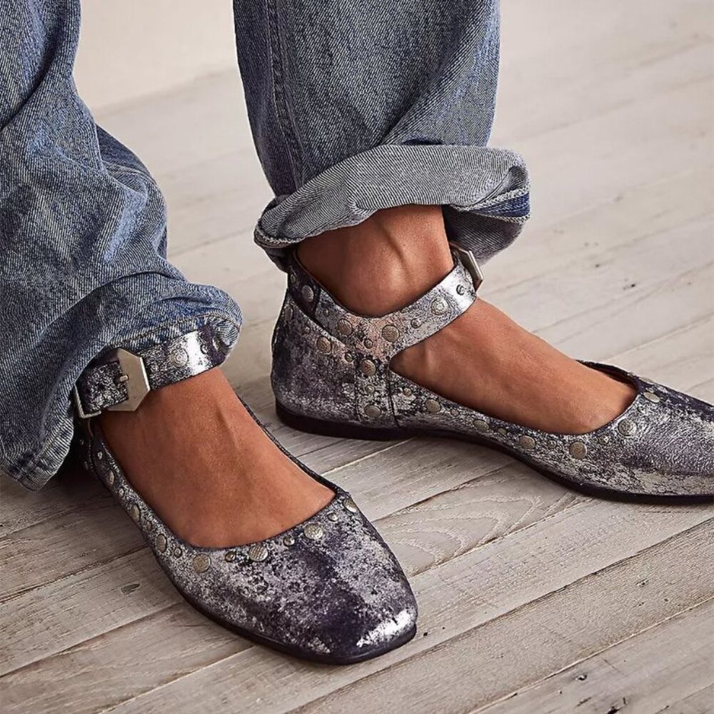 Free People Dark Silver Metallic leather Flats Mont Blanc Mayjanes with Studs